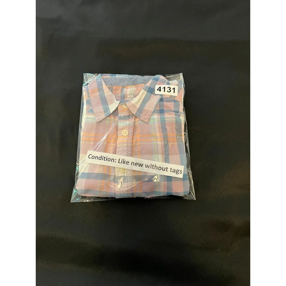 OshKosh Bgosh Toddler Boys Pink Blue Plaid Short Sleeve Button Down Shirt 5T